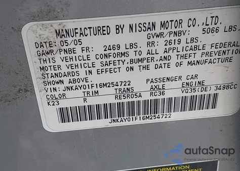 2006 Infiniti M35X z USA, uszkodzony, nr VIN JNKAY01F16M254722